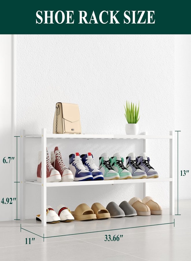 Smiry Shoe Rack, 2 Tier Long Bamboo Shoe Organizer, Stackable Free Standing Wooden Shoe Storage Shelf for Closet, Entryway, Front Door Entrance, White - Image 2