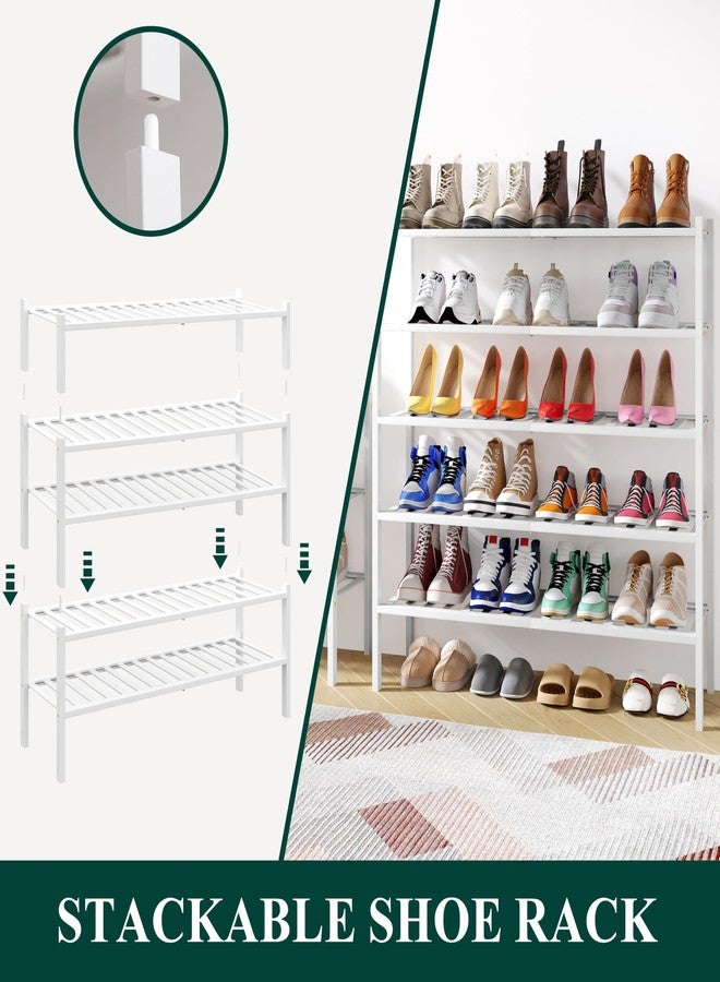 Smiry Shoe Rack, 2 Tier Long Bamboo Shoe Organizer, Stackable Free Standing Wooden Shoe Storage Shelf for Closet, Entryway, Front Door Entrance, White - Image 4