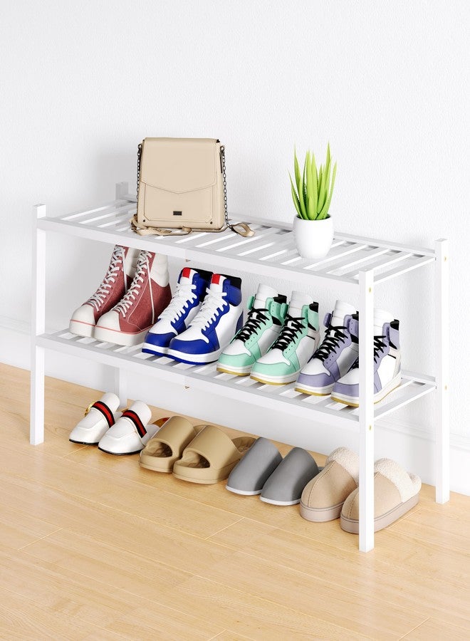 Smiry Shoe Rack, 2 Tier Long Bamboo Shoe Organizer, Stackable Free Standing Wooden Shoe Storage Shelf for Closet, Entryway, Front Door Entrance, White - Image 1