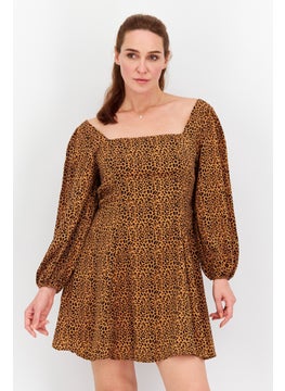 Missguided Women Petite Animal Print Mini Dress, Brown  - Image 1