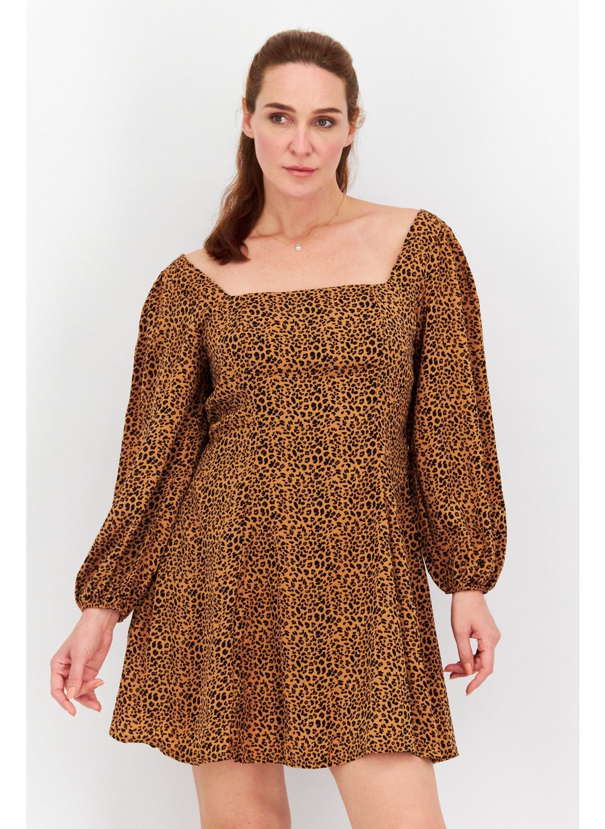 Missguided Women Petite Animal Print Mini Dress, Brown  - Image 1