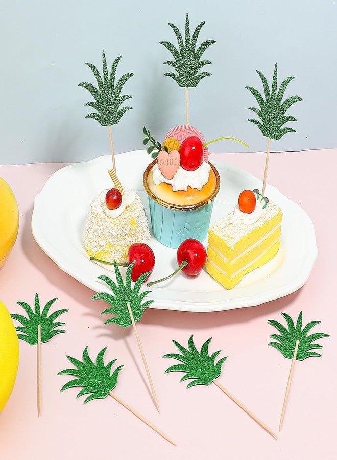 YQQYG 36 PCS Pineapple Cupcake Toppers, Donut Cake Toppers Green Glitter Pineapple Birthday Decorations, Pineapple Party Decorations, Cute Cupcake Picks for Summer Hawaiian Party Cake Decorations - Image 3