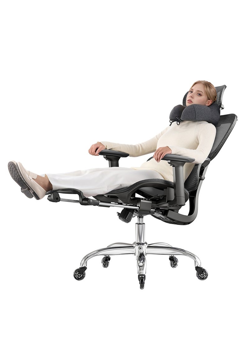 LarkLeaves Ergonomic Office/Gaming Chair with Footrest and Neck Pillow - 5-Level Adjustable Back, 2D Lumbar Support, 3D Armrests, 145° Recline, Rubber Wheels, Ventilated Mesh, Black  - Image 2