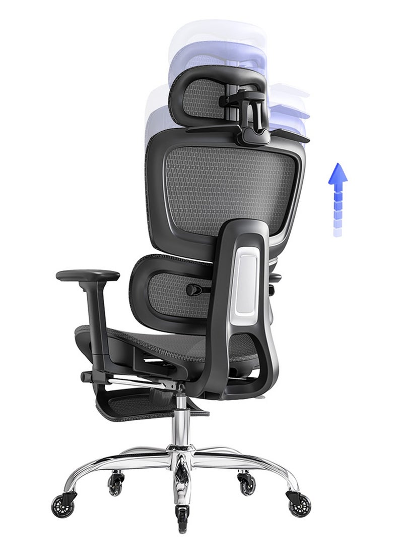 LarkLeaves Ergonomic Office/Gaming Chair with Footrest and Neck Pillow - 5-Level Adjustable Back, 2D Lumbar Support, 3D Armrests, 145° Recline, Rubber Wheels, Ventilated Mesh, Black  - Image 3