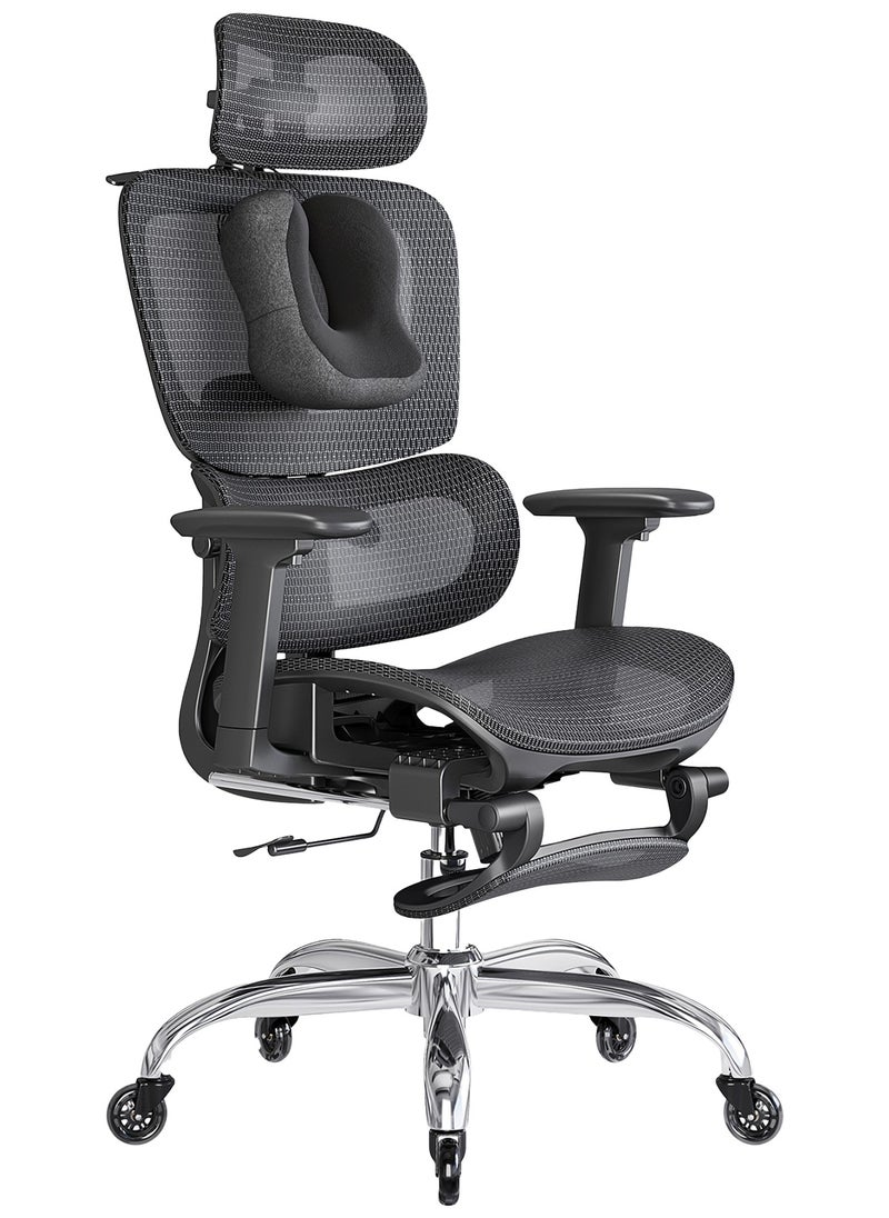 LarkLeaves Ergonomic Office/Gaming Chair with Footrest and Neck Pillow - 5-Level Adjustable Back, 2D Lumbar Support, 3D Armrests, 145° Recline, Rubber Wheels, Ventilated Mesh, Black  - Image 1