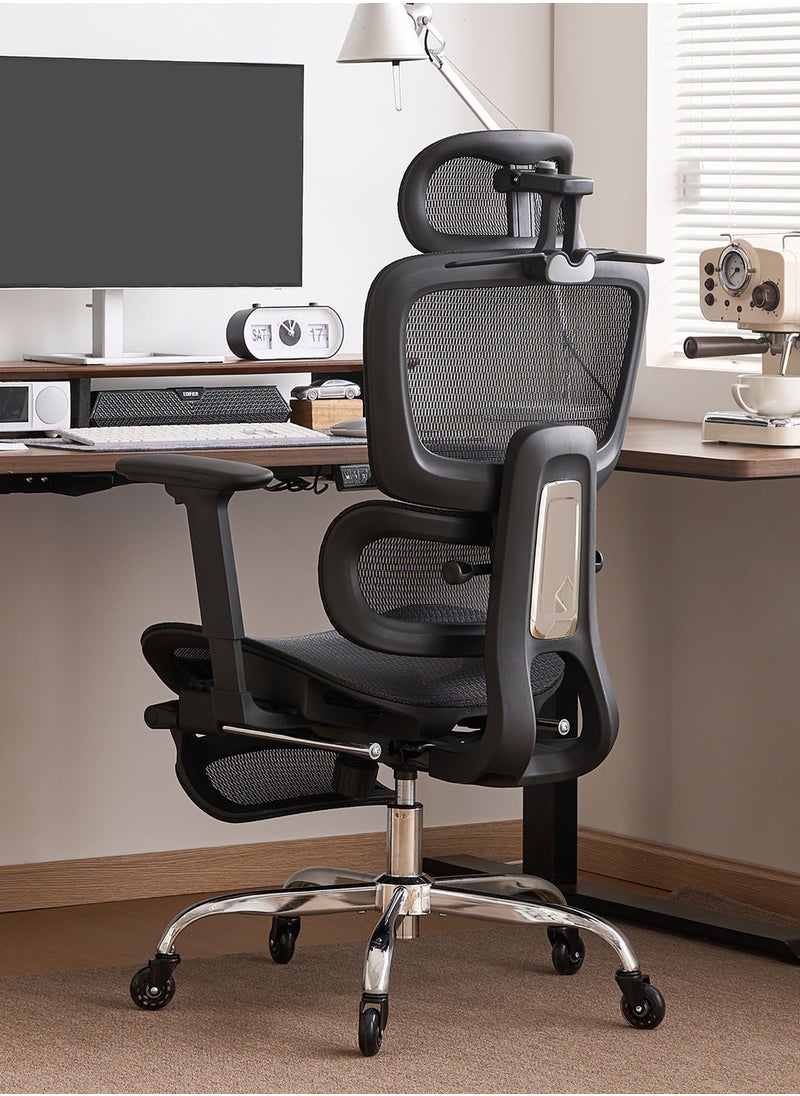 LarkLeaves Ergonomic Office/Gaming Chair with Footrest and Neck Pillow - 5-Level Adjustable Back, 2D Lumbar Support, 3D Armrests, 145° Recline, Rubber Wheels, Ventilated Mesh, Black  - Image 4