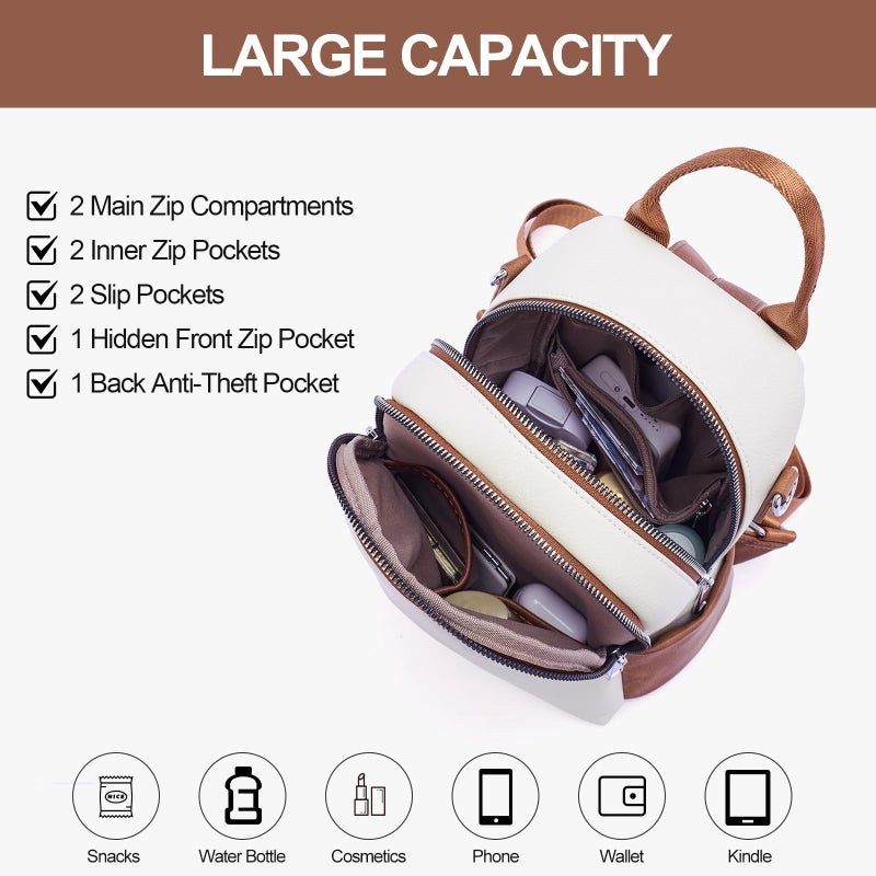 Lexiyat Small Backpack Purse for Women Leather Mini Convertible Designer Backpack Travel Shoulder Fashion Bag Beige - Image 3