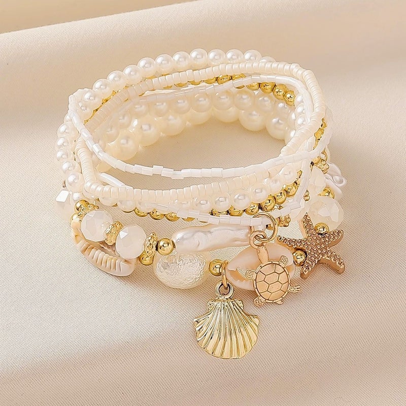 Ocean Beach Shell Starfish Bracelet Faux Pearl Bohemian Handmade - Image 2