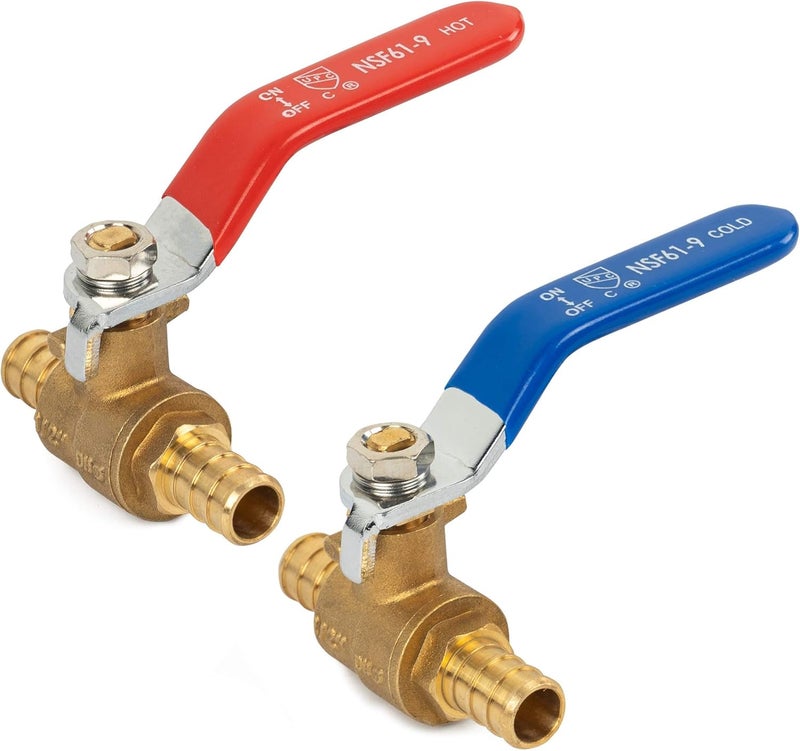 Hourleey 2 Pieces 1/2 Inch Pex Brass Full Port Shut Off Ball Valve HOT AND COLD, Quarter Turn HOT (RED) COLD (BLUE) of Brass Water Stop Shutt off, 1 Piece each - Image 1
