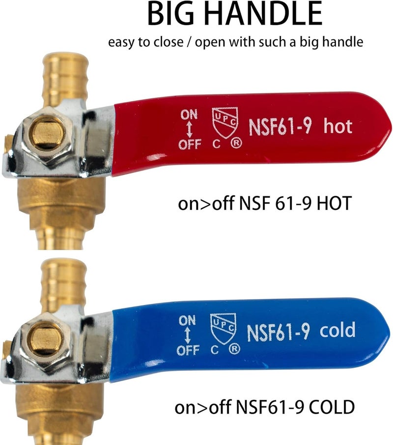 Hourleey 2 Pieces 1/2 Inch Pex Brass Full Port Shut Off Ball Valve HOT AND COLD, Quarter Turn HOT (RED) COLD (BLUE) of Brass Water Stop Shutt off, 1 Piece each - Image 2