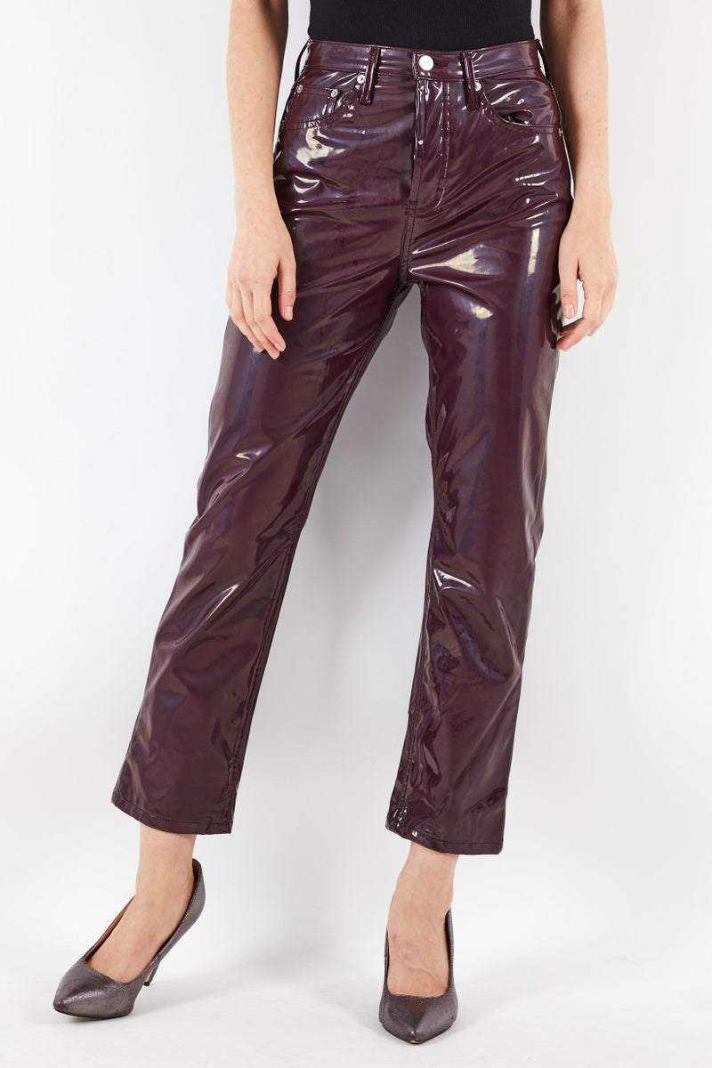 TOPSHOP Women Regular Fit Vinyl Five Pocket Pants, Burgundy - Image 1