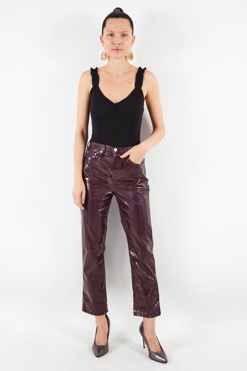 TOPSHOP Women Regular Fit Vinyl Five Pocket Pants, Burgundy - Image 4