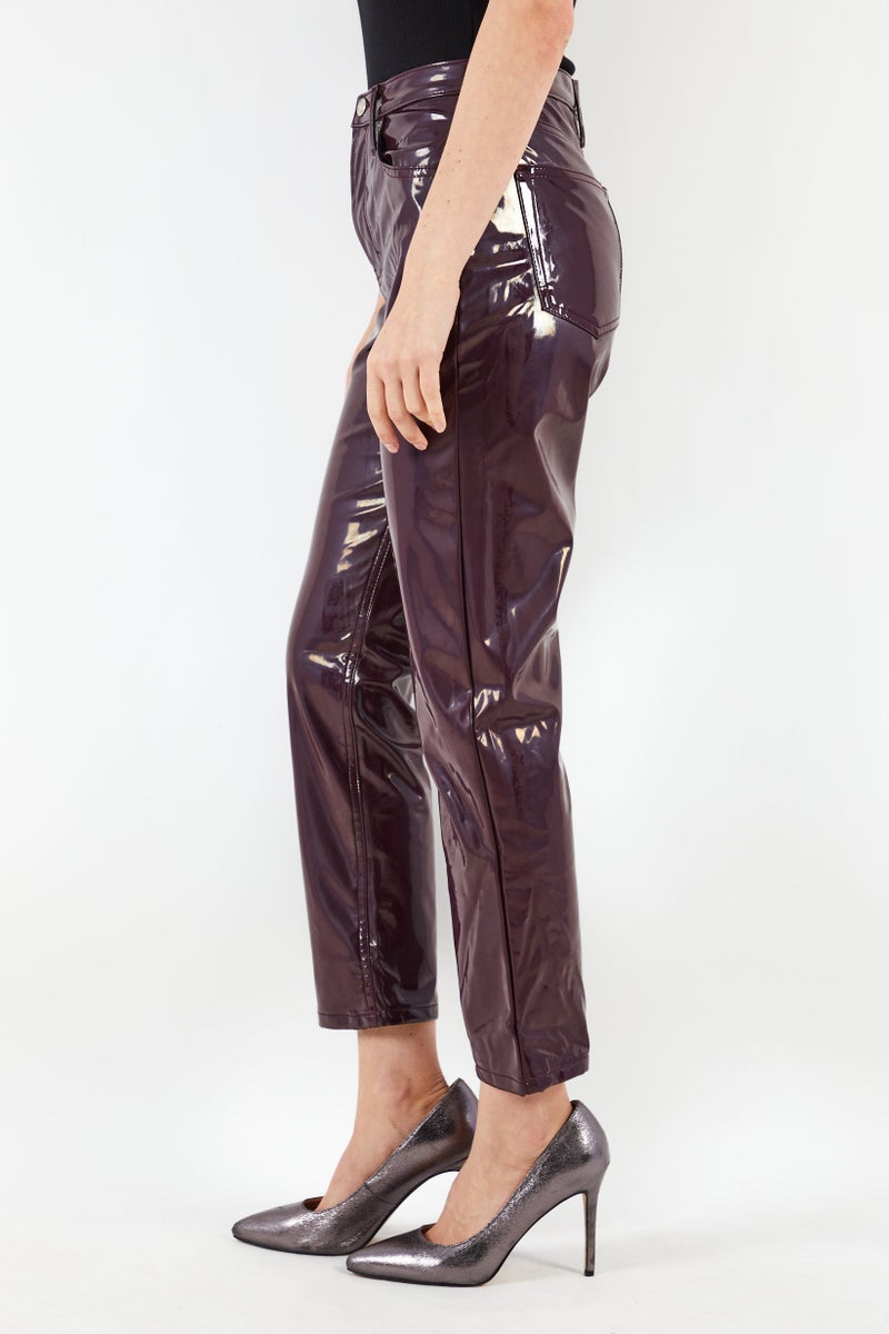 TOPSHOP Women Regular Fit Vinyl Five Pocket Pants, Burgundy - Image 2