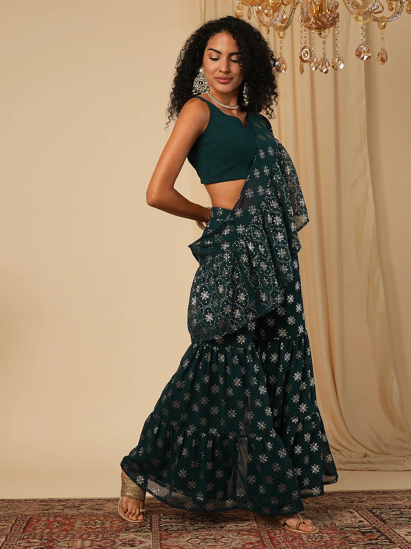 globus Globus Women Green Solid Blouse With Silver Foil Ethnic Motifs Print Sharara Ready To Wear Fusion Saree