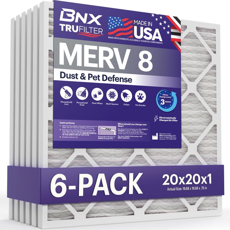 BNX TruFilter 20x20x1 Air Filter MERV 8 (6-Pack) - MADE IN USA â€“ Dust & Pet Defense Electrostatic Pleated Air Conditioner HVAC AC Furnace Filters for Dust, Pet, Mold, Pollen MPR 600 â€“ 700 & FPR 5 - Image 1