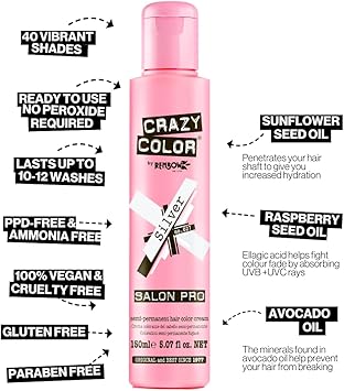 Crazy Color Silver SemiPermanent Hair Dye Highly Pigmented Blonde Toner Conditioning Oil Nourishing Vegan Formula No Bleach or Ammonia Limited Edition 150ml Size - Image 4