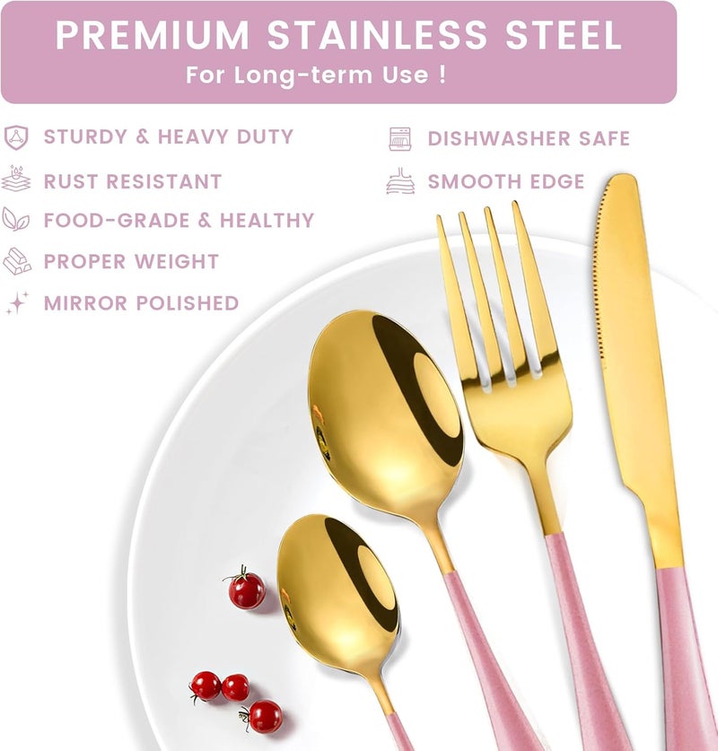 Caliamary 24Piece Flatware Set with OrganizerHeavy Duty Stainless Steel Silverware for 6Pink Cutlery Utensil Sets with Antiskid HandleRustproof Stainless Steel Cutlery Mirror Polished Pink - Image 2