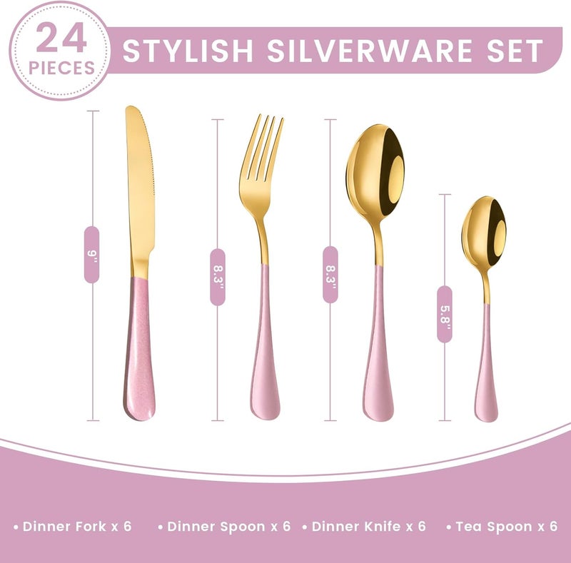 Caliamary 24Piece Flatware Set with OrganizerHeavy Duty Stainless Steel Silverware for 6Pink Cutlery Utensil Sets with Antiskid HandleRustproof Stainless Steel Cutlery Mirror Polished Pink - Image 5