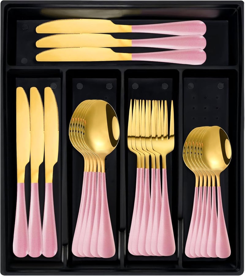 Caliamary 24Piece Flatware Set with OrganizerHeavy Duty Stainless Steel Silverware for 6Pink Cutlery Utensil Sets with Antiskid HandleRustproof Stainless Steel Cutlery Mirror Polished Pink - Image 1