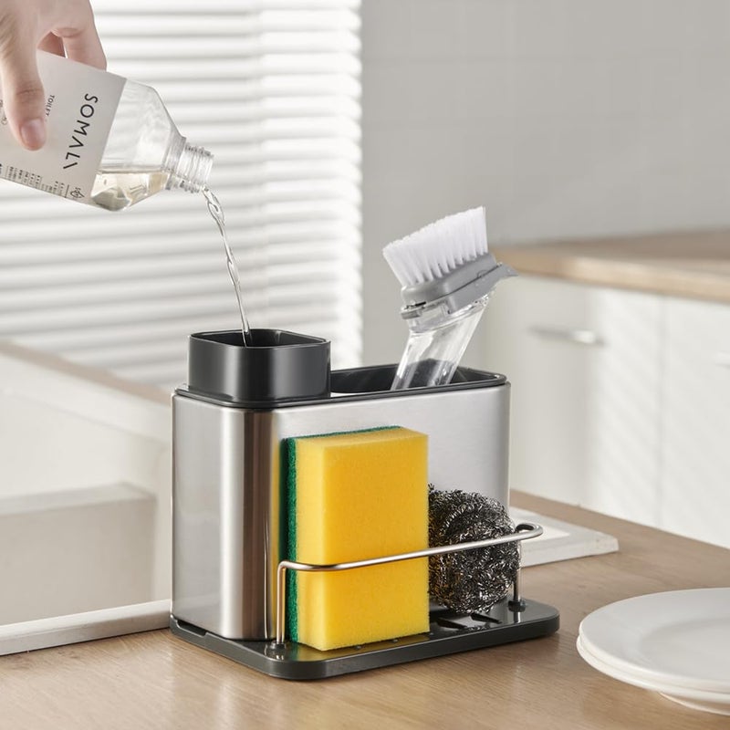 TESOT Dish Soap Dispenser 3in1 Sponge Holder for Kitchen Sink Stainless Steel Rustproof  - Image 3