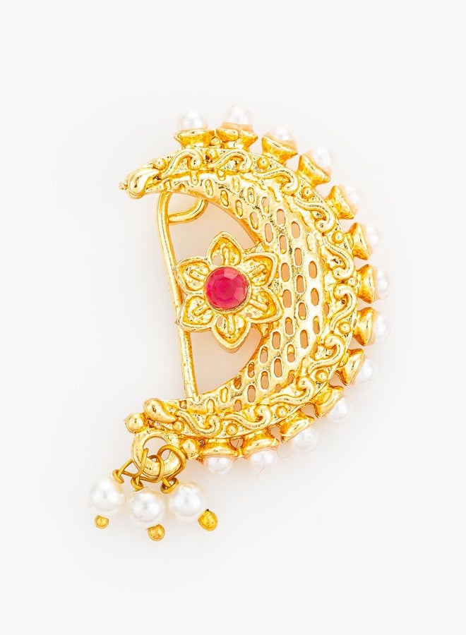 Bevogue Traditional Maharashtrian Nathani Nosepin for Women | Brass Gold Plated Nose Jewellery with Red Stone and Pearls | Crescent Moon Ethnic Design | Ideal Festive Gift & Party Gift Choice (NAT4126) - Image 4