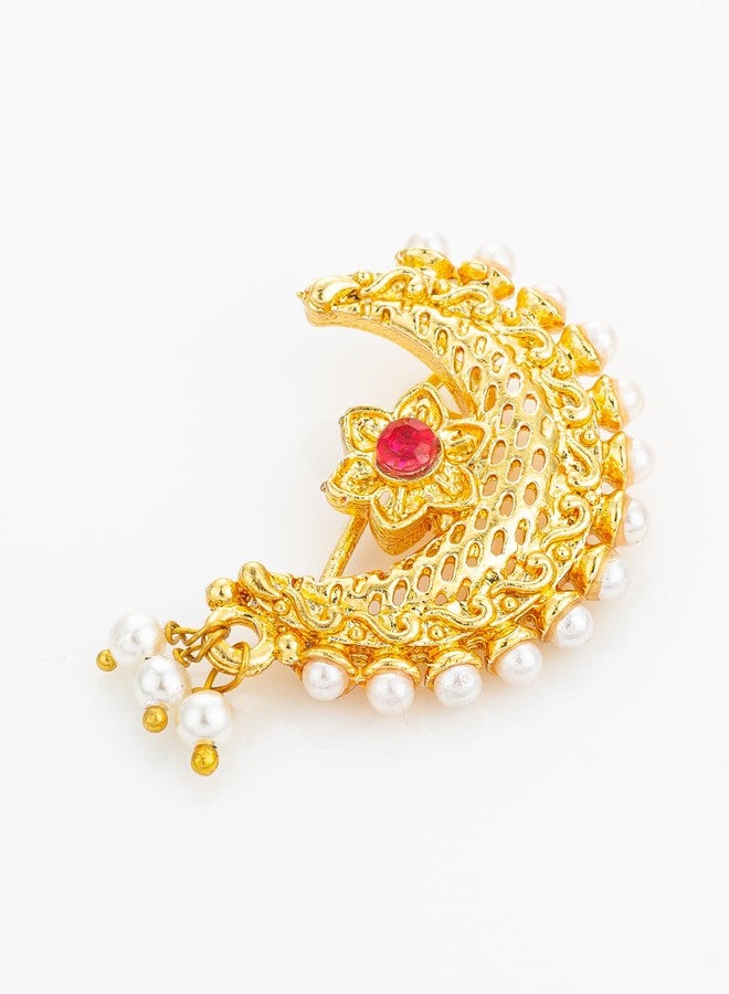 Bevogue Traditional Maharashtrian Nathani Nosepin for Women | Brass Gold Plated Nose Jewellery with Red Stone and Pearls | Crescent Moon Ethnic Design | Ideal Festive Gift & Party Gift Choice (NAT4126) - Image 5