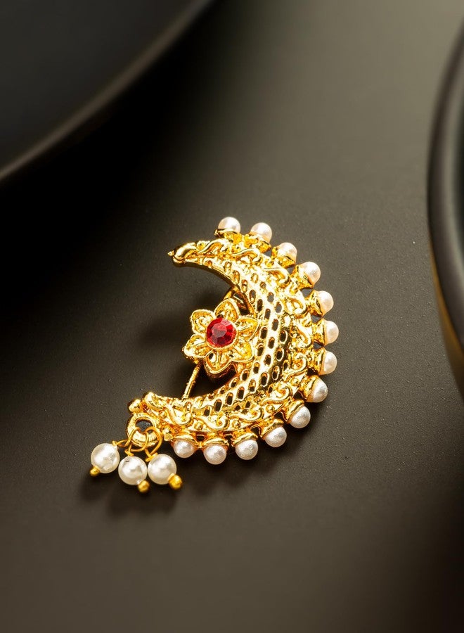 Bevogue Traditional Maharashtrian Nathani Nosepin for Women | Brass Gold Plated Nose Jewellery with Red Stone and Pearls | Crescent Moon Ethnic Design | Ideal Festive Gift & Party Gift Choice (NAT4126) - Image 2