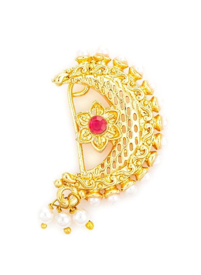 Bevogue Traditional Maharashtrian Nathani Nosepin for Women | Brass Gold Plated Nose Jewellery with Red Stone and Pearls | Crescent Moon Ethnic Design | Ideal Festive Gift & Party Gift Choice (NAT4126) - Image 1
