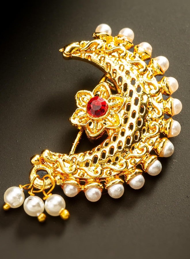 Bevogue Traditional Maharashtrian Nathani Nosepin for Women | Brass Gold Plated Nose Jewellery with Red Stone and Pearls | Crescent Moon Ethnic Design | Ideal Festive Gift & Party Gift Choice (NAT4126) - Image 3