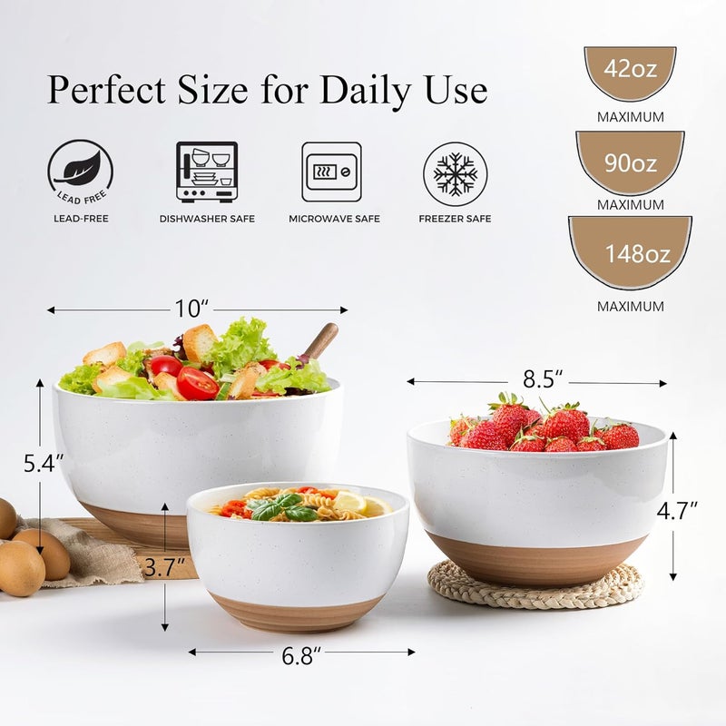 AmorArc Ceramic Mixing Bowls|Nesting Bowls Set of 3|Stoneware Serving Bowls with Rustic Terracotta Underside for Mixing,Cooking,Baking,Salad,Soup| Microwave & Dishwasher Safe 4.6/2.8/1.3 Qt（3pcs - Image 2