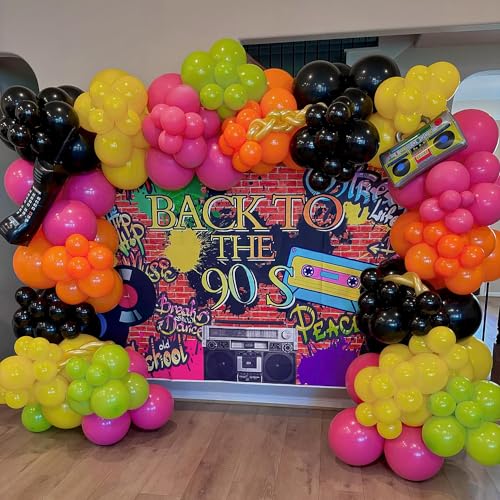 Tesochye 80s 90s Disco Party Decorations 149Pcs Colorful Balloon Garland Kit Hot Pink Orange Green Balloons with Radio Retro Mobile Phone Balloons for Back to the 80s 90s Hip Hop Music Birthday Supplies - Image 1