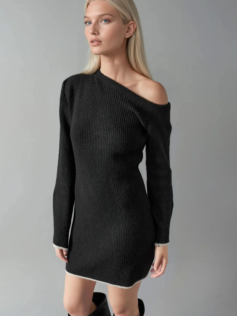 MY FASHION MY FASHION Asymmetrical Collar Ribbed Knit Dress