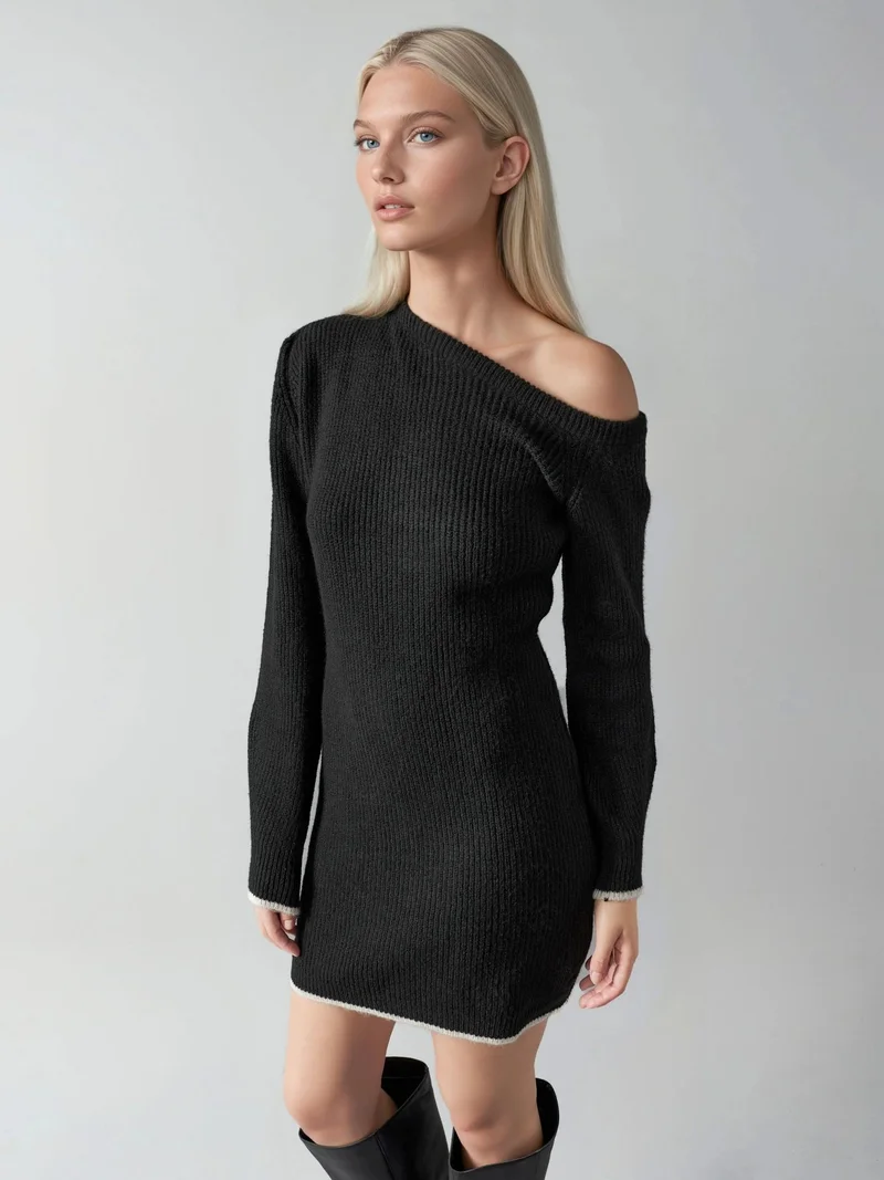 Mai Collection MY FASHION Asymmetrical Collar Ribbed Knit Dress