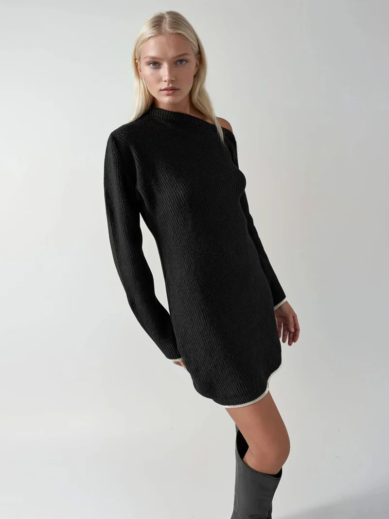 Mai Collection MY FASHION Asymmetrical Collar Ribbed Knit Dress