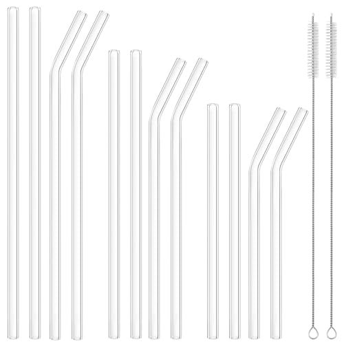 OKGD 12 Pcs Reusable Glass Straws - Size 12.2"x10mm,10.5"x10mm,8.5"x10mm,Including 6 Straight and 6 Bent Clear Glass Straws with 2 Cleaning Brush for for Smoothies, Shakes, Coffee, Juice, Cocktails - Image 1