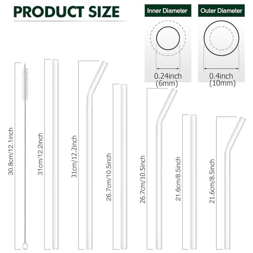 OKGD 12 Pcs Reusable Glass Straws - Size 12.2"x10mm,10.5"x10mm,8.5"x10mm,Including 6 Straight and 6 Bent Clear Glass Straws with 2 Cleaning Brush for for Smoothies, Shakes, Coffee, Juice, Cocktails - Image 2