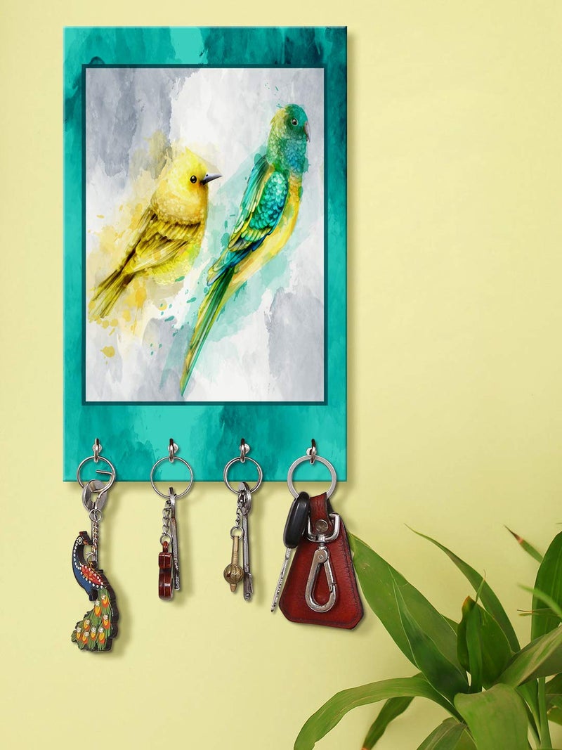 999STORE hook keychain holder wall mount hanger organizer Parrot And Sparrow key stand for wall (MDF_7.5X12 Inch_Multi) KeyholderP134 - Image 1