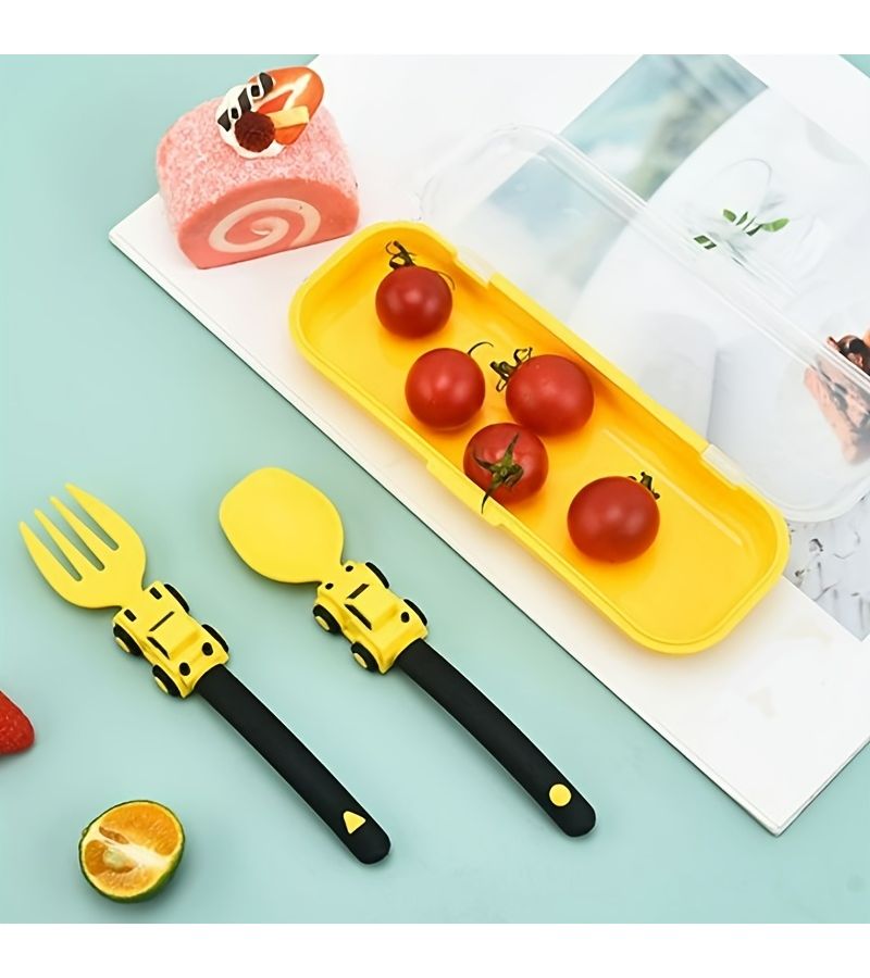 Colorful Yellow Kids Cartoon Fork And Spoon Set Fun Easy Grip Self Feeding Utensils - Image 4