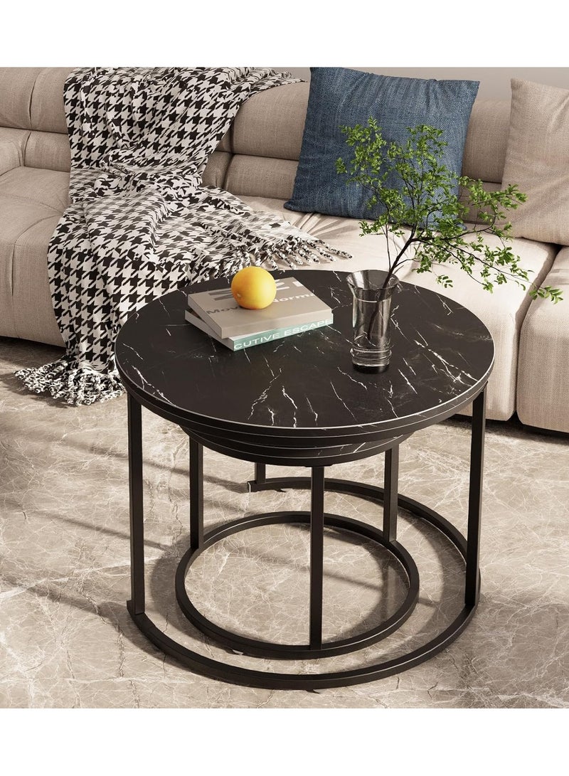 DubaiGallery Round Coffee Tables, Set of 2 End Table, Nesting Tables, Side Table with Metal Frame for Living Room/Bedroom/Balcony/Office/Apartment, - Image 3