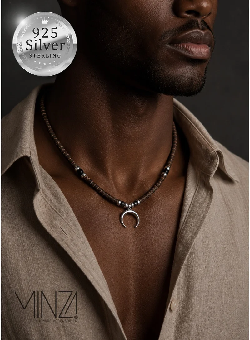 Minza Minza " Maui " Pure 925 Sterling Silver, Ebony & Onyx Stones, Handmade Necklace for Men, Pendant and Beaded Necklace, 5.800 grams of Silver, Jewelry for Casual & Special Occasion