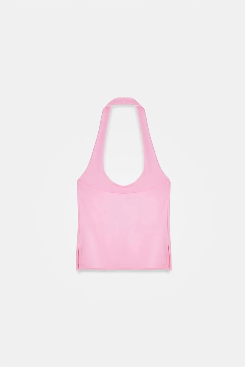 Dilvin Bright Pink DILVIN Halterneck Cut-Out Slim Fit Blouse for Women | Best Price UAE