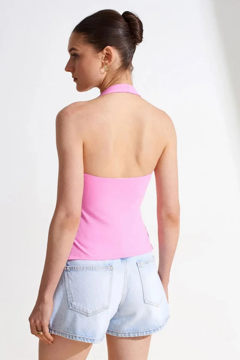 Dilvin Bright Pink DILVIN Halterneck Cut-Out Slim Fit Blouse for Women | Best Price UAE