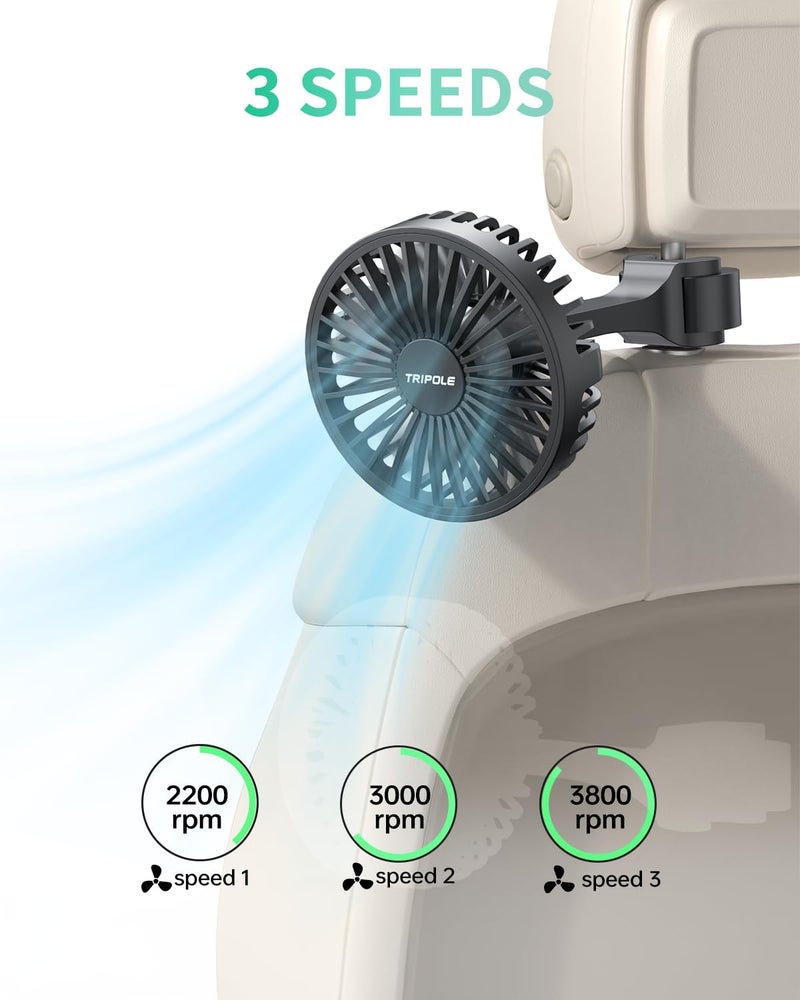 TriPole مروحة سيارة تعمل بالطاقة USB من TriPole للمقعد الخلفي مع مشبك قابل للتعديل - مروحة 5V بسرعات 3 للسيارات، SUVs، RVs - Image 3