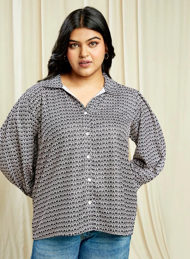 globus Globus Plus Size Black Printed Long Sleeve Shirt