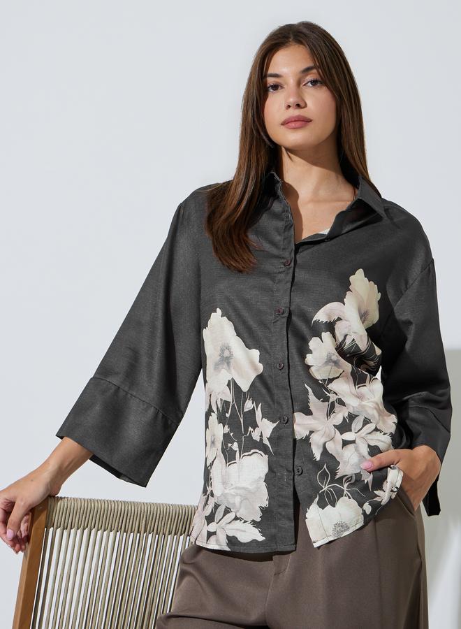Styli Charcoal Floral Print 3/4 Sleeve Shirt - Image 1