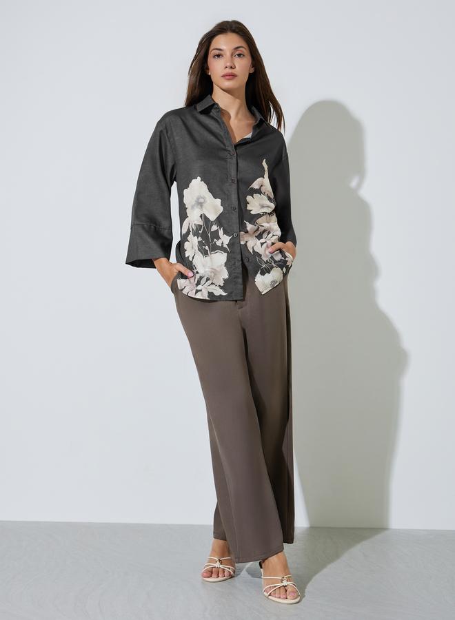 Styli Charcoal Floral Print 3/4 Sleeve Shirt - Image 2