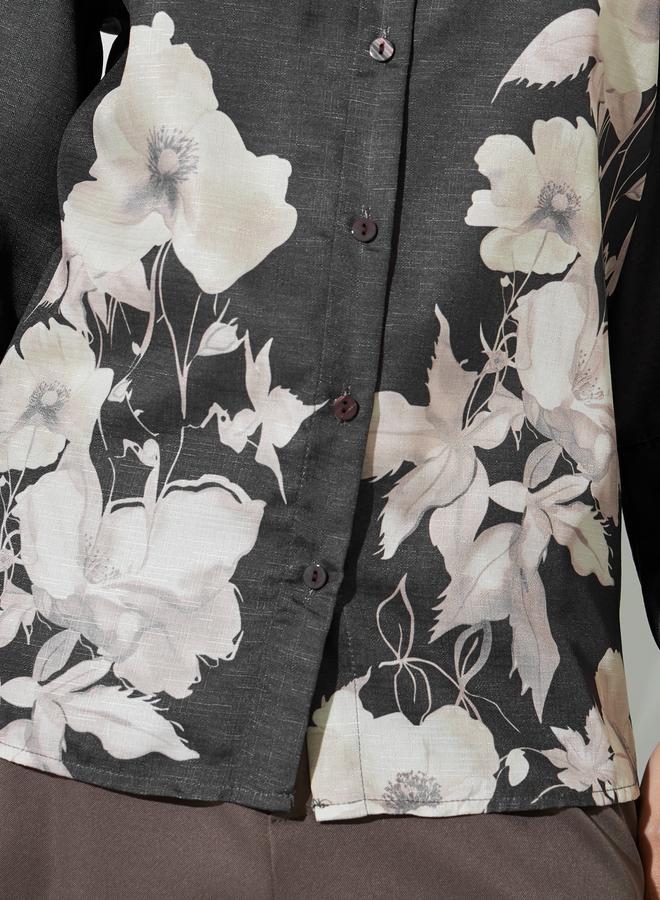 Styli Charcoal Floral Print 3/4 Sleeve Shirt - Image 3