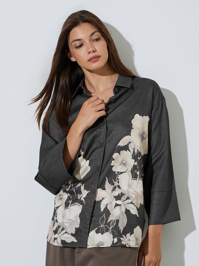 Styli Charcoal Floral Print 3/4 Sleeve Shirt - Image 3