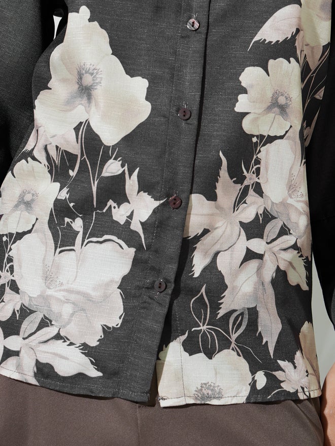 Styli Charcoal Floral Print 3/4 Sleeve Shirt - Image 4