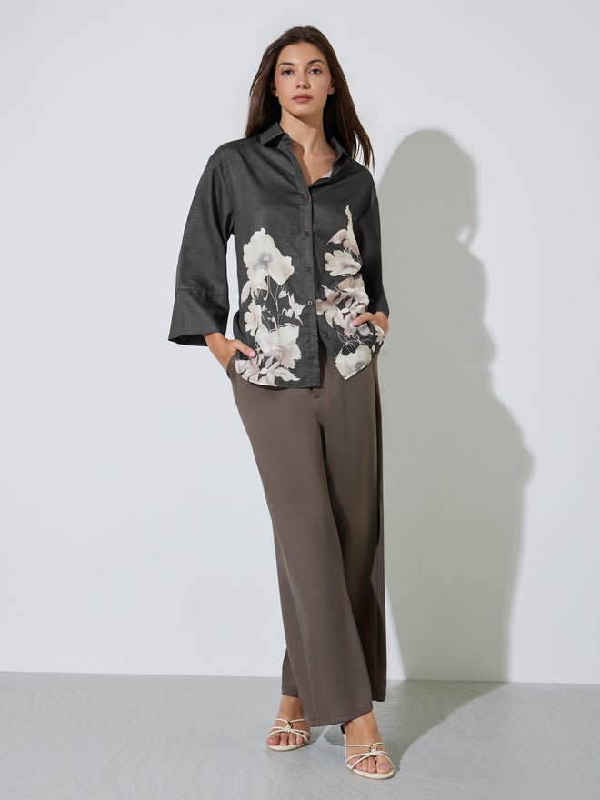 Styli Charcoal Floral Print 3/4 Sleeve Shirt - Image 2